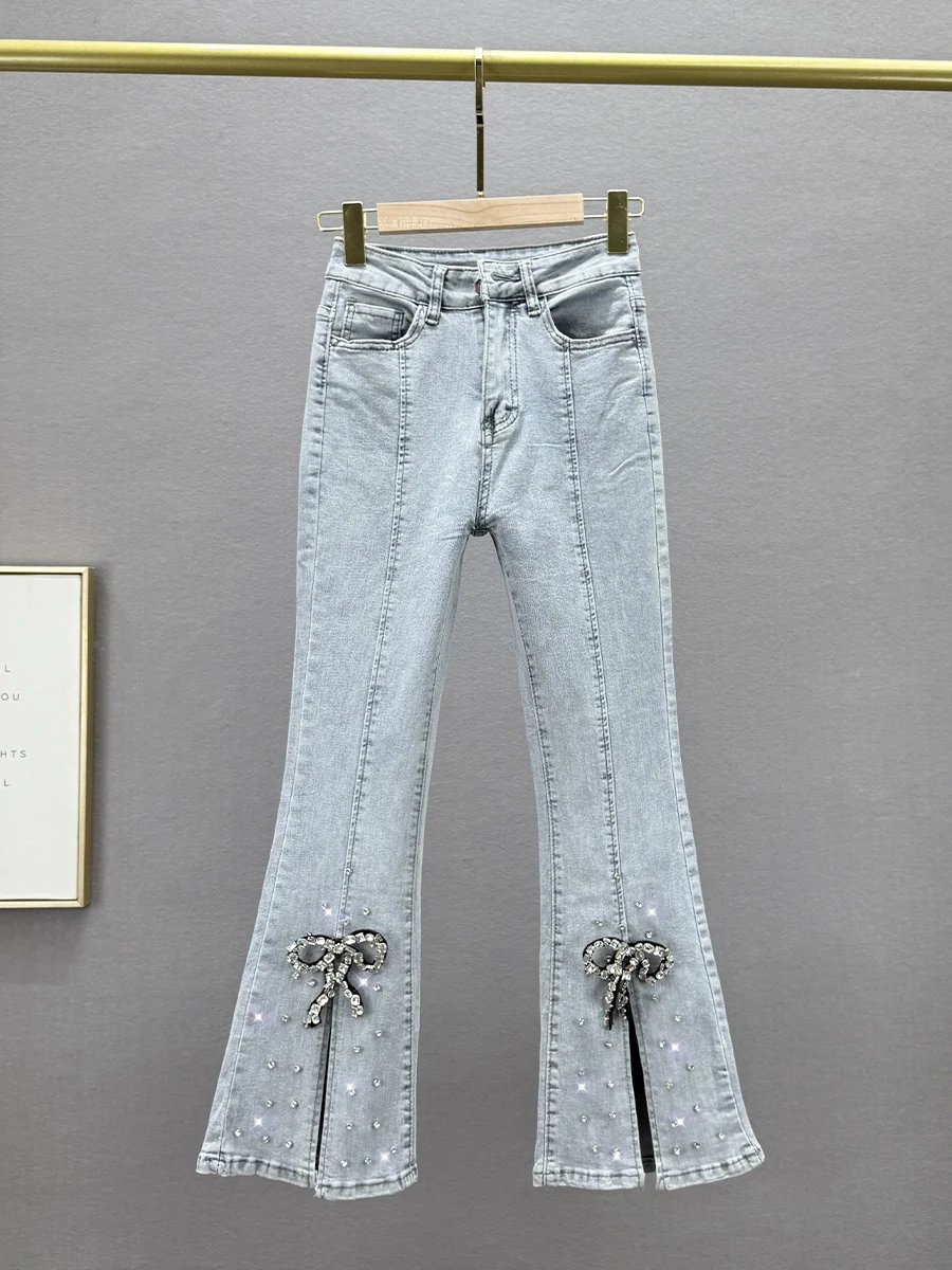 

High Waist Slim Fit Micro Flare Jeans Women's Spring Summer New Sle Diamond Embellied Slit Denim Nine Point Pants