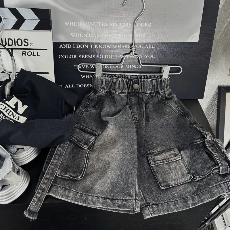 

2025 Summer New Children's Clothes Boys Fashion Multi-Pocket Denim Shorts Children's Summer Clothes Foreign Style Cargo Pants