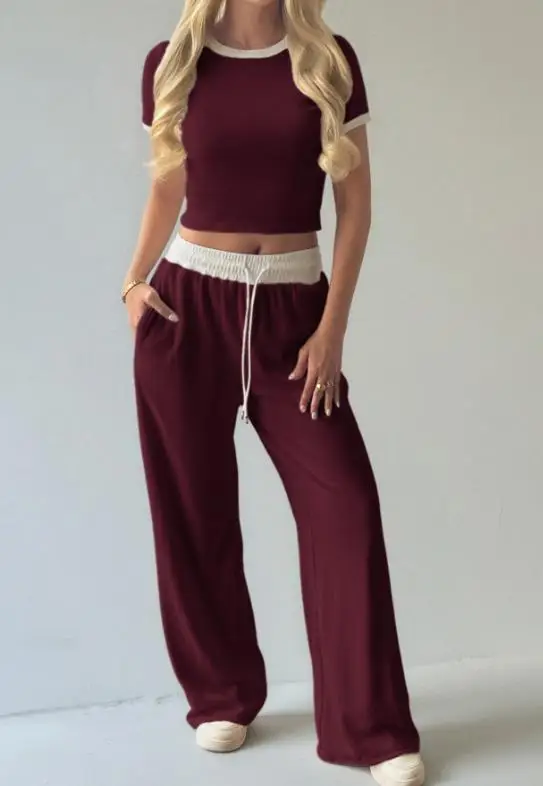 

Two Piece Set Women Outfit 2026 Spring New Solid Color Round Neck Short Sleeved Slim Crop T-Shirt & Casual Sports Pants Set
