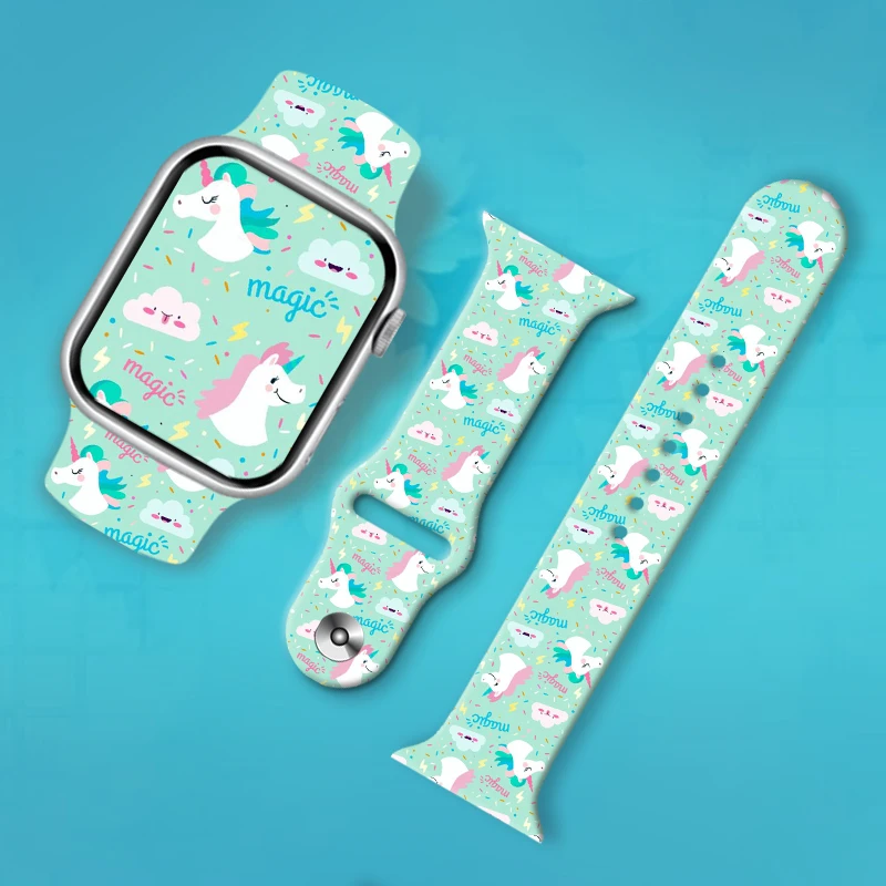 حزام طباعة من سلسلة Miniso الملونة على شكل وحيد القرن لساعة Apple 11/10/9/8/SE، حزام بديل من السيليكون الناعم لـ 46 مم/45 مم/44 مم/42 مم