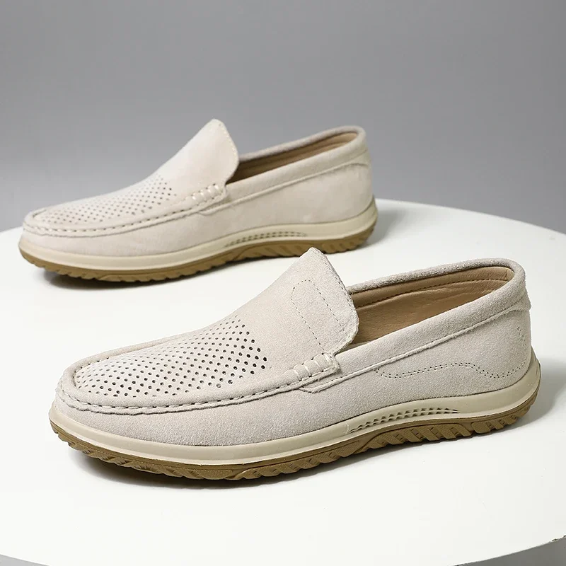 Summer New Men Shoes Cow Suede Leather Light Colour Loafers Men Breathable Hollow Out Flats Man Casual Slip on Driving Shoes Men