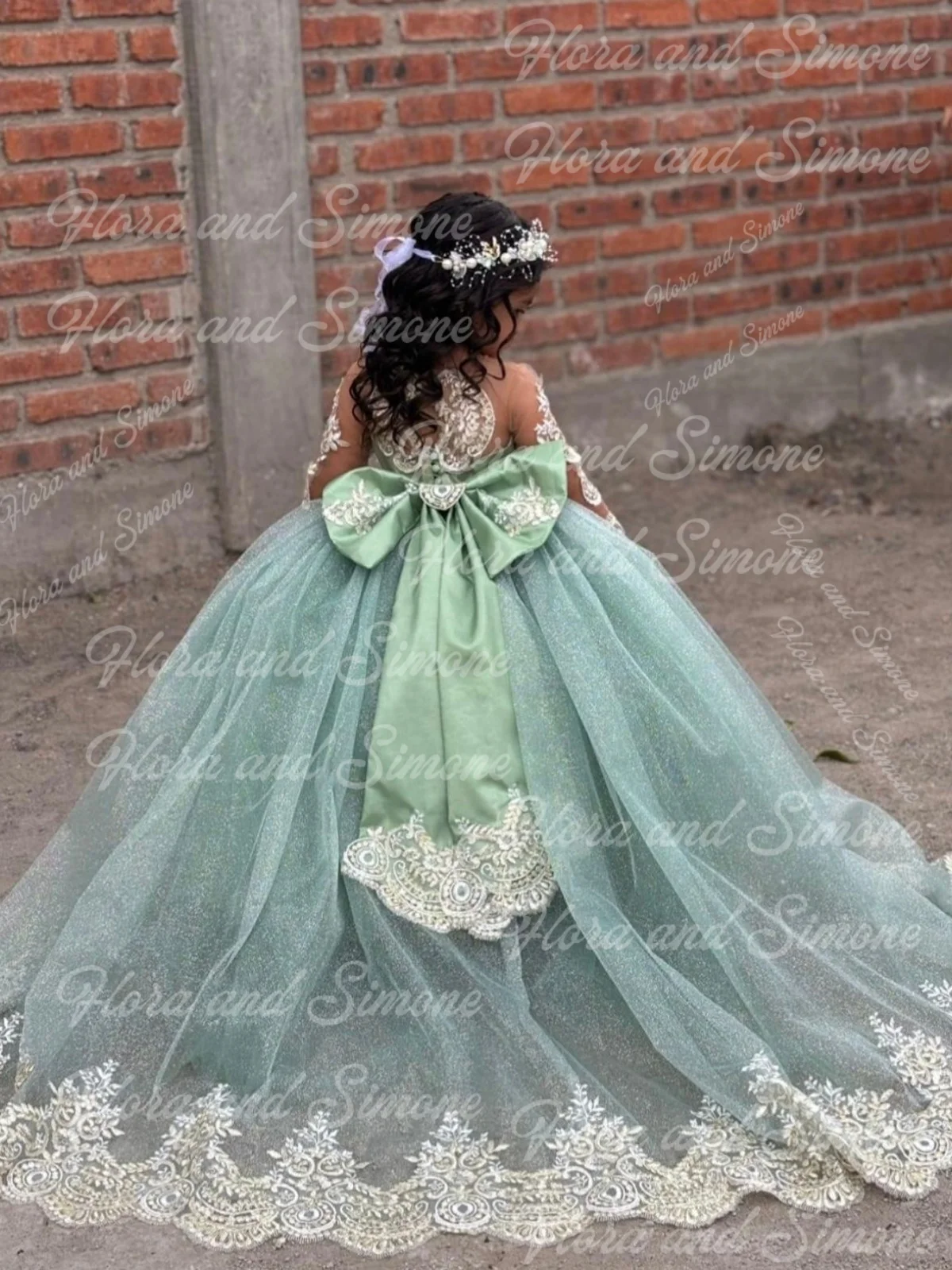 Vestido de niña de flores con lazo de gasa de manga larga personalizado para bodas, vestido de baile para niños pequeños, vestido de desfile, vestidos de fiesta brillantes, fiestas