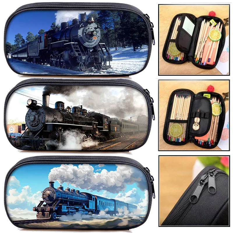 Steam Train Cosmetic Case Locomotive Watercolor Pencil Bag Children School Box Train-themed Stationery Storage Bag Study Gift