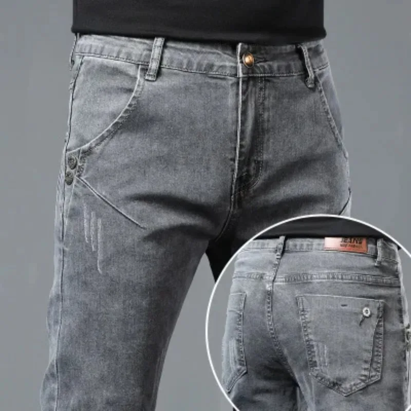 Spring Autumn Men's Elastic High Waist Button Zipper Folds Distressed Tie Dye Pocket Denim Trousers Slim Fashion Casual Pants