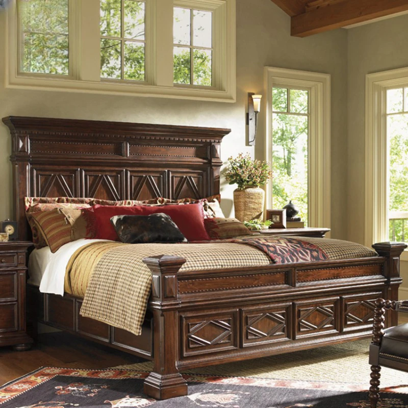 

American style country solid wood bed, double bed, vintage old villa, big bed, 1.8m bedroom, wedding bed, custom furniture