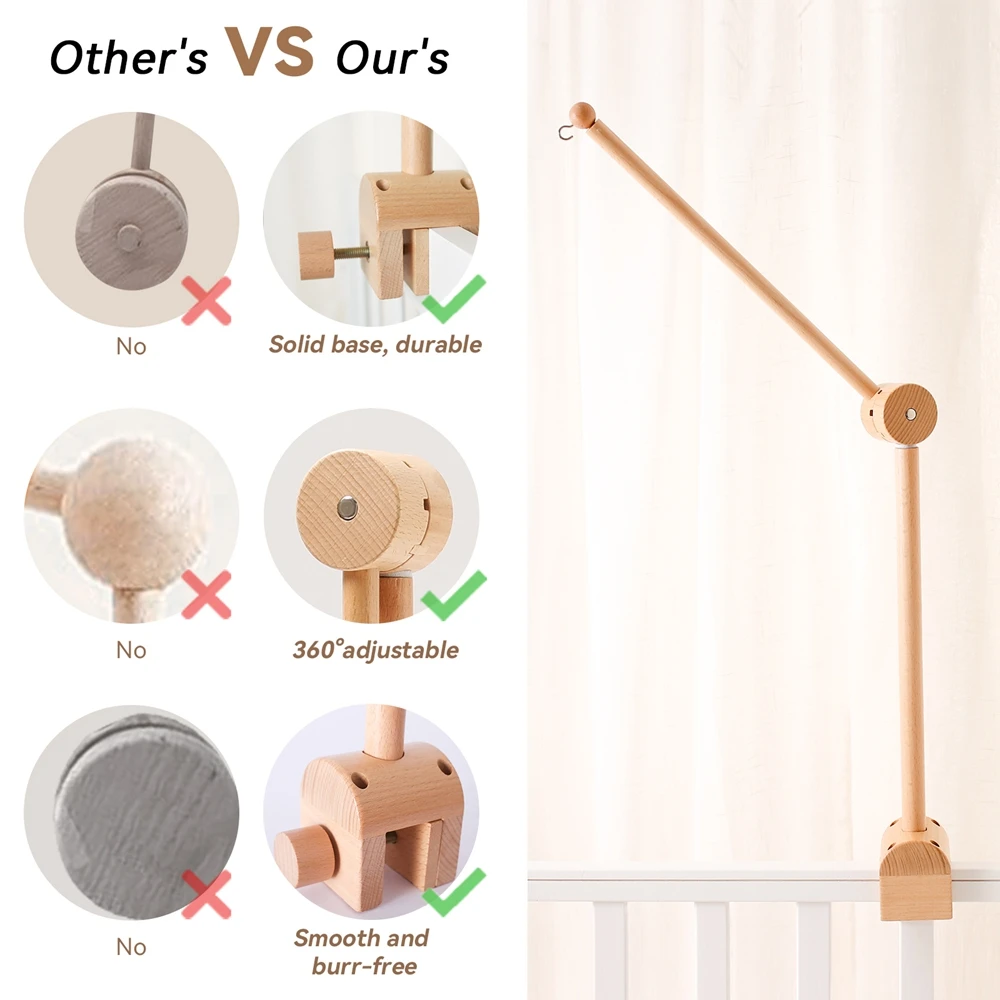 Baby Bed Bell Bracket Wooden Mobile Crib Bracket Rattle Toy 0-12 Months Toys Newborn Wooden Bed Bell Toys Holder Arm Bracket