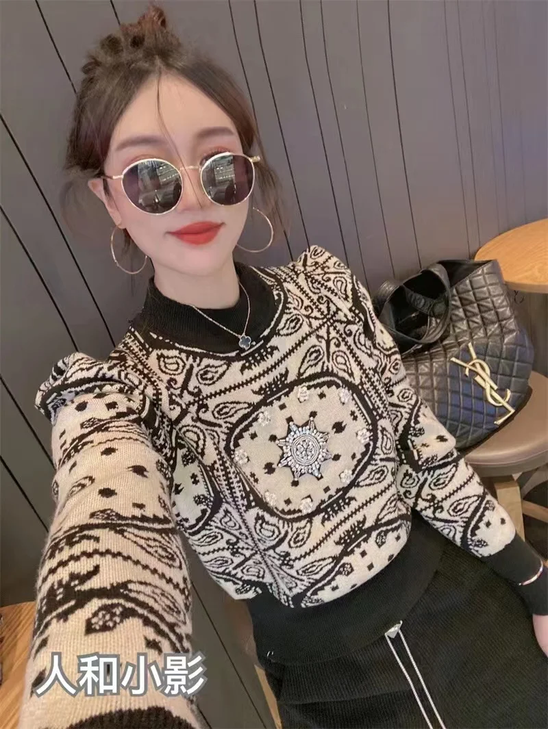 Vintage Jacquard Pullover Sweater Women\'s 2024 New Autumn Winter Ruff Long Sleeve Top Beading Knit Sweaters Jumper Sueter Mujer