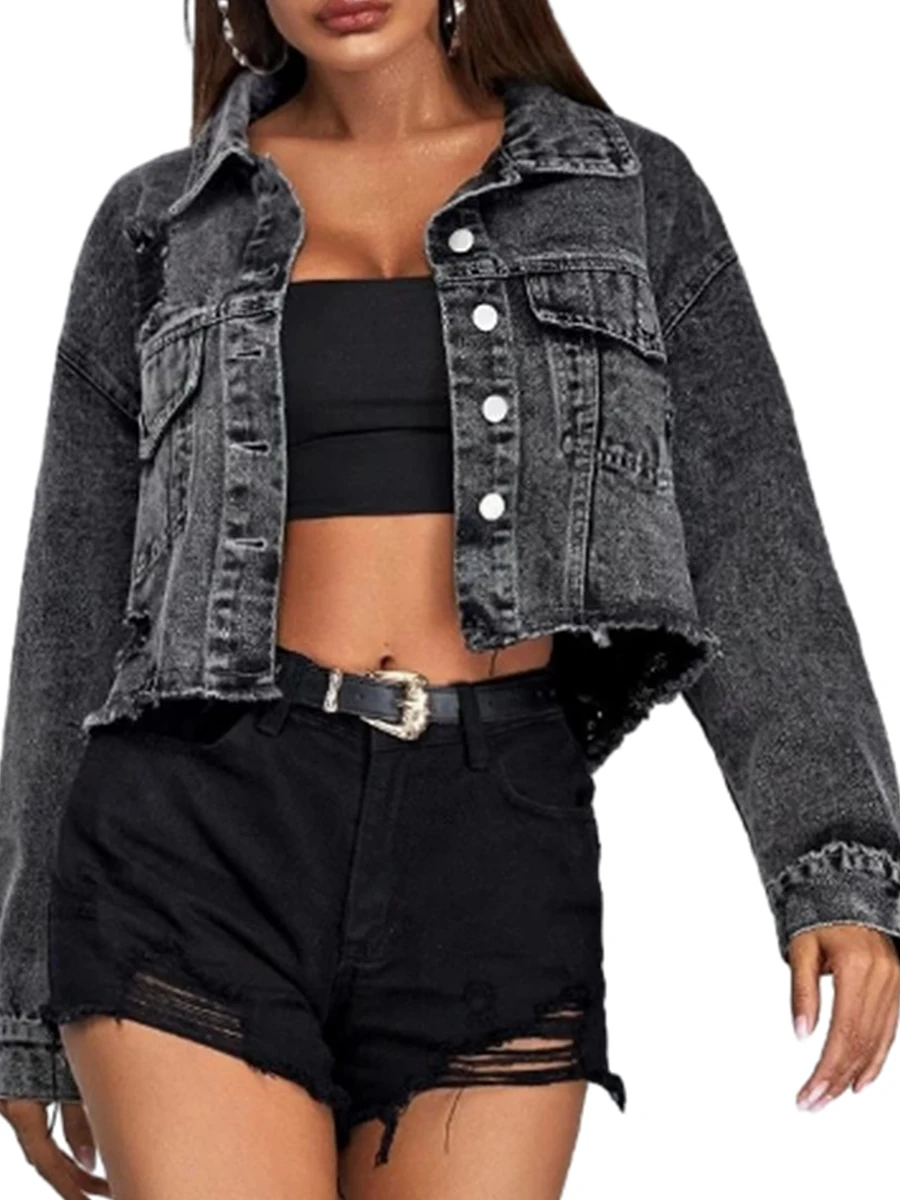 

Women s Short Summer Jeans Jacket Long Sleeve Jacket with Buttons and Pockets Solid Color Denim Jacket Casual Lightweight