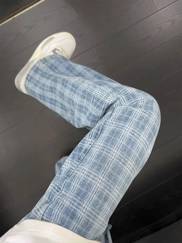 

Мужские джинсы в стиле ретро с клетчатыми вставками, свободные прямые брюки в американском уличном стиле для весенне-осеннего сезона