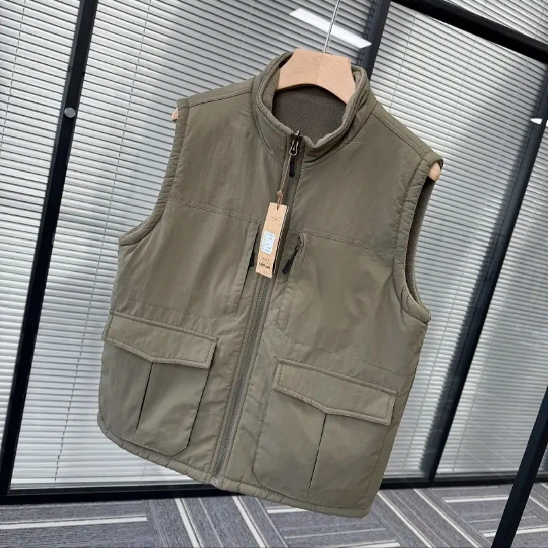 

Double-Sided Wear Fce Vest Outerwear Stand Collar Multi-ket Vest Autumn Winter Dad Flannel oulder Warmth Vest