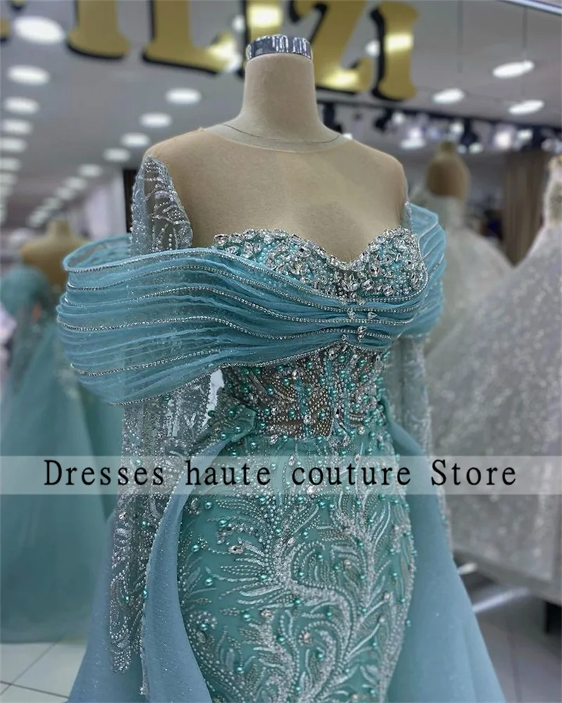 Sky Blue Arabic Crystals Mermaid Evening Dresses 2024 Glitter Detachable Train Pearls Wedding Party Dress Prom Dress