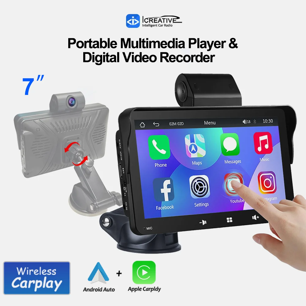 7 Inch Wireless Carplay Android Auto Touch Screen Multimedia Player with Digital Video Recorder DVR Rear View AHD Camera