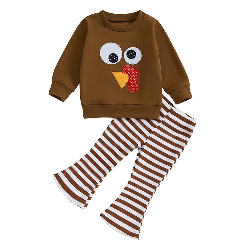 

Toddler Girl Thanksgiving Outfits Turkey Embroidery Crew Neck Long Sleeve Sweatshirts and Stripe Flare Pants 2Pcs Clothes Set