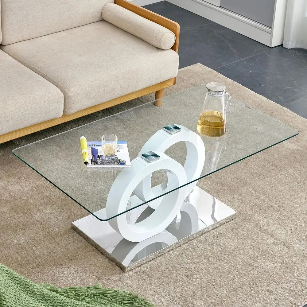 

Modern 47 Tempered Glass Coffee Table with White Double-O MDF Legs and Silver Metal Base for Living Room