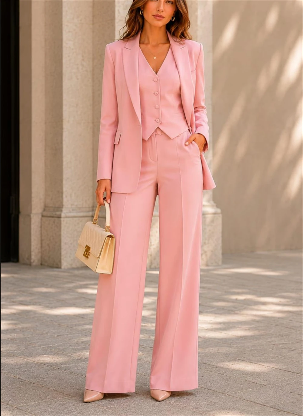 Elegante Traje Rosa de 3 Piezas para Mujer, Conjunto Formal de Oficina con Blazer, Chaleco y Pantalones, Ropa Formal para Mujer