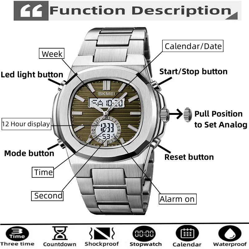 Skmei Analog Digital Display Mens Bracelet Watches Three Time Zone LED Waterproof Quartz Sports Chronograph Male Alarm Clock