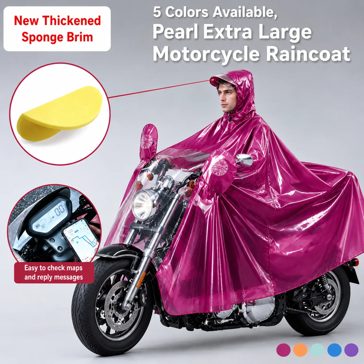 Pearl Motorcycle Raincoat Poncho Waterproof, Biker Rain Coat Man Women，Sponge Support Brim Helmet Clear Phone Window Oversized