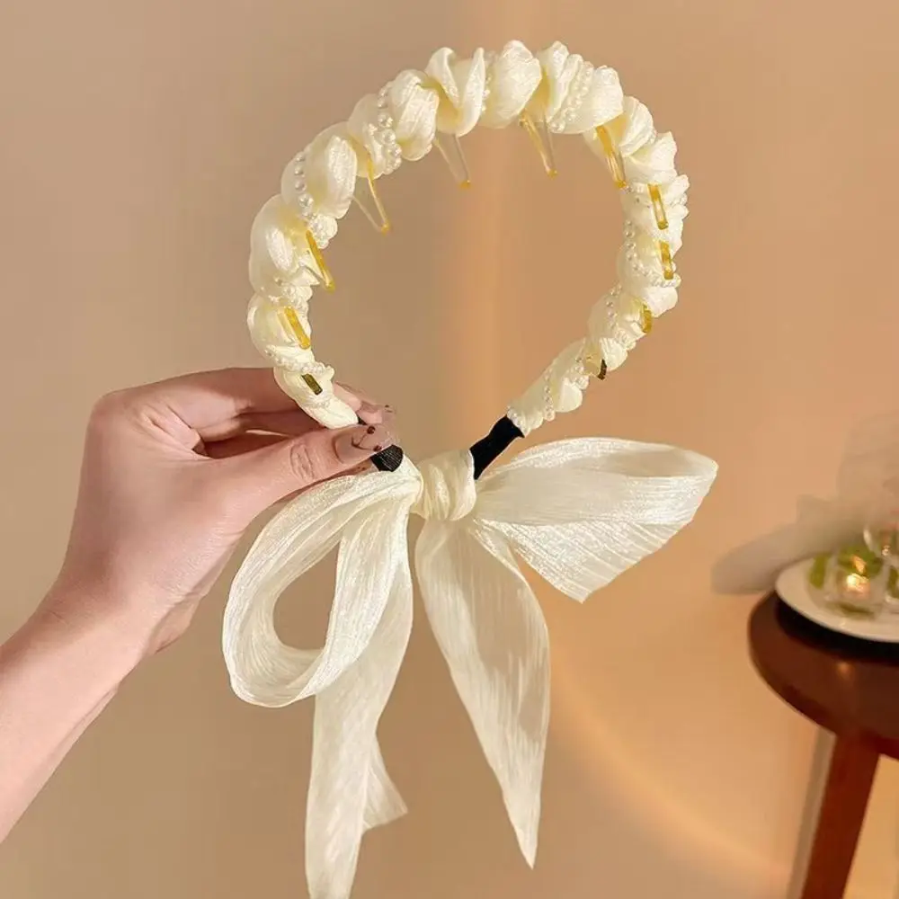

U Shape Satin Fabric Hair Bands Tooth Comb High Top Headpiece Bow Braided Headbands Adjustable Fabric Ribbon Hair Hoop