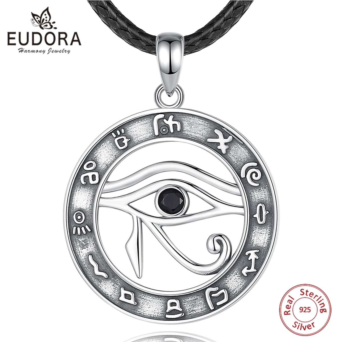 EUDORA 925 Sterling Silver Egypt Eye Of Horus Pendant Black Crystal Luck Eye Runes Necklace Personality Jewelry for Wome Man