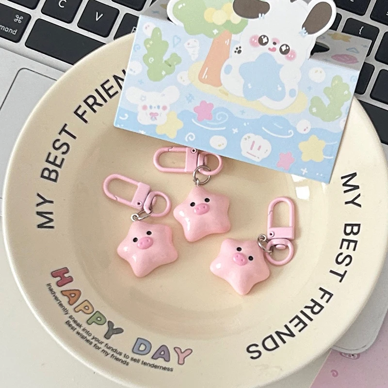 New 1Pc Cute Star Piggy Key Chain Cartoon Pink Star Pig Doll Pendant Key Ring Backpack Charms Car Decoration Bag Accessories