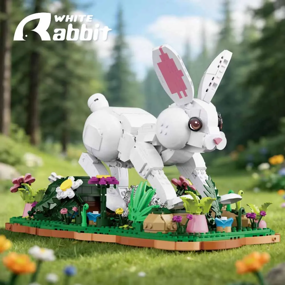 1232PCS White Rabbit Building Blocks Movable Joints Animal Habitat Scene Model Bricks Desktop Ornament Puzzle Toy Holiday Gift