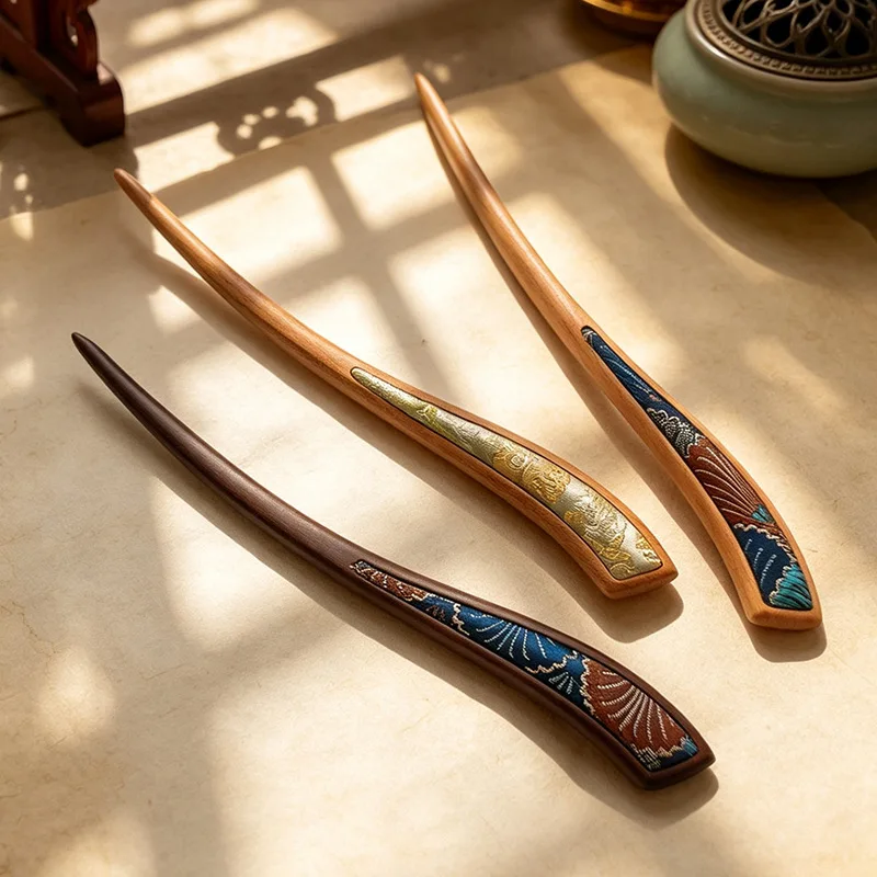 Premium Chinese Style Wooden Hair Stick With Imitation Song Brocade Wave Pattern Vintage Hairpin For Women Hanfu Cheongsam Updo