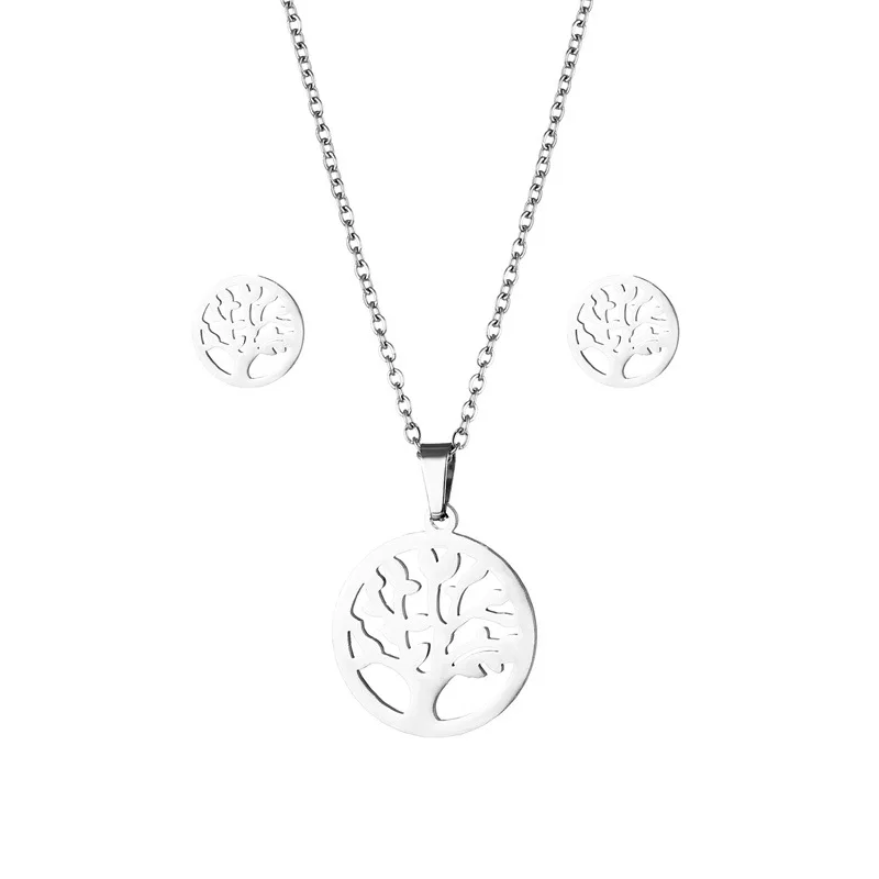 316L Tree of Life Stainless Steel Neck Chain Necklace Earring Set Lucky World Tree Choker Chain Jewelry Sets for Women Girl TZ98