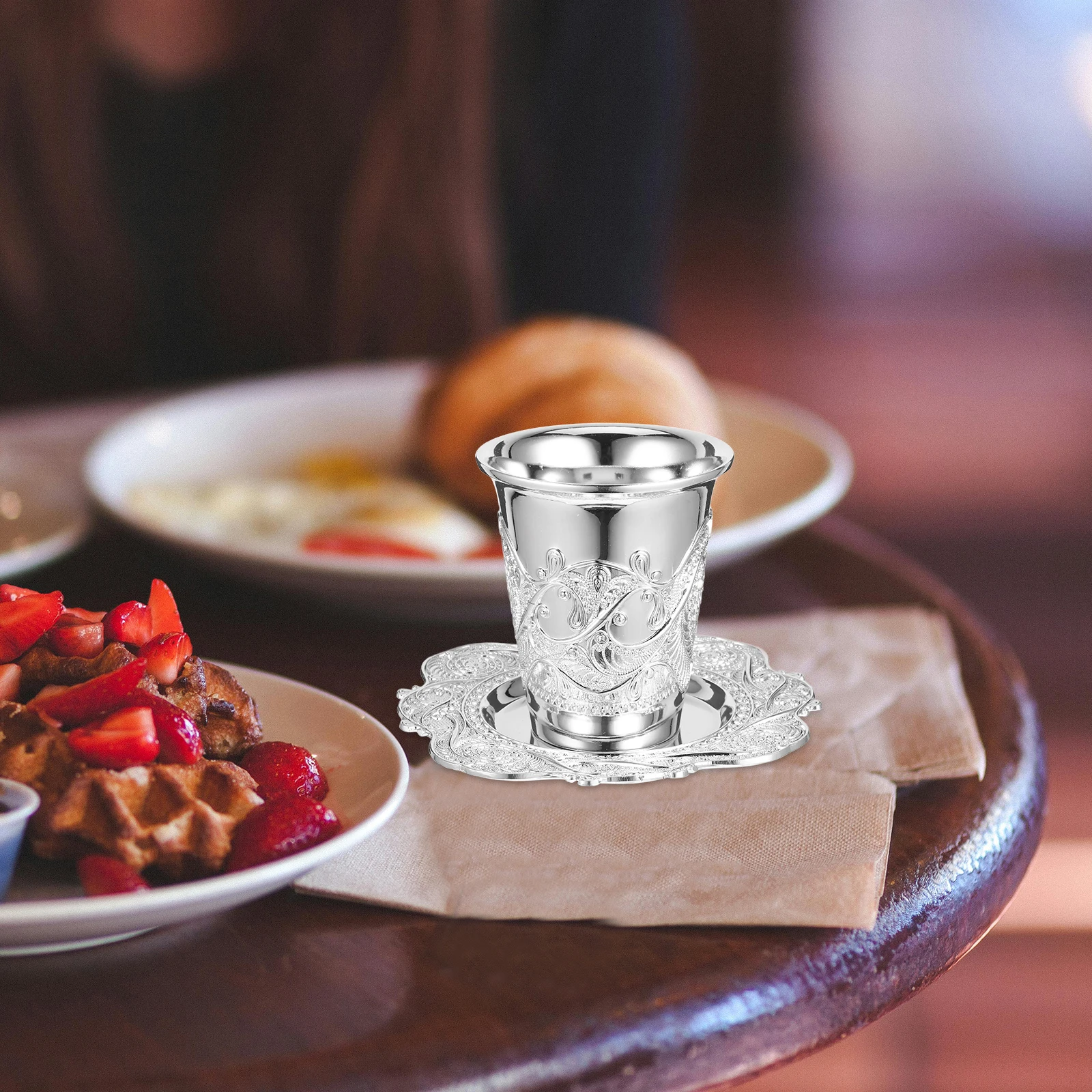 

Cup Set High Footed Goblet Saucer for Passover Shabbos Silver Plated Metal Judaica Gifts Traditional Faith Symbol