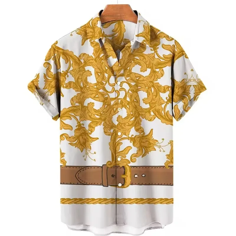 Summer Luxury Retro Men's Shirt: Navy Blue and White with Red Ribbon and Tropical Palm Leaf 3D Print Beach Casual Shirt