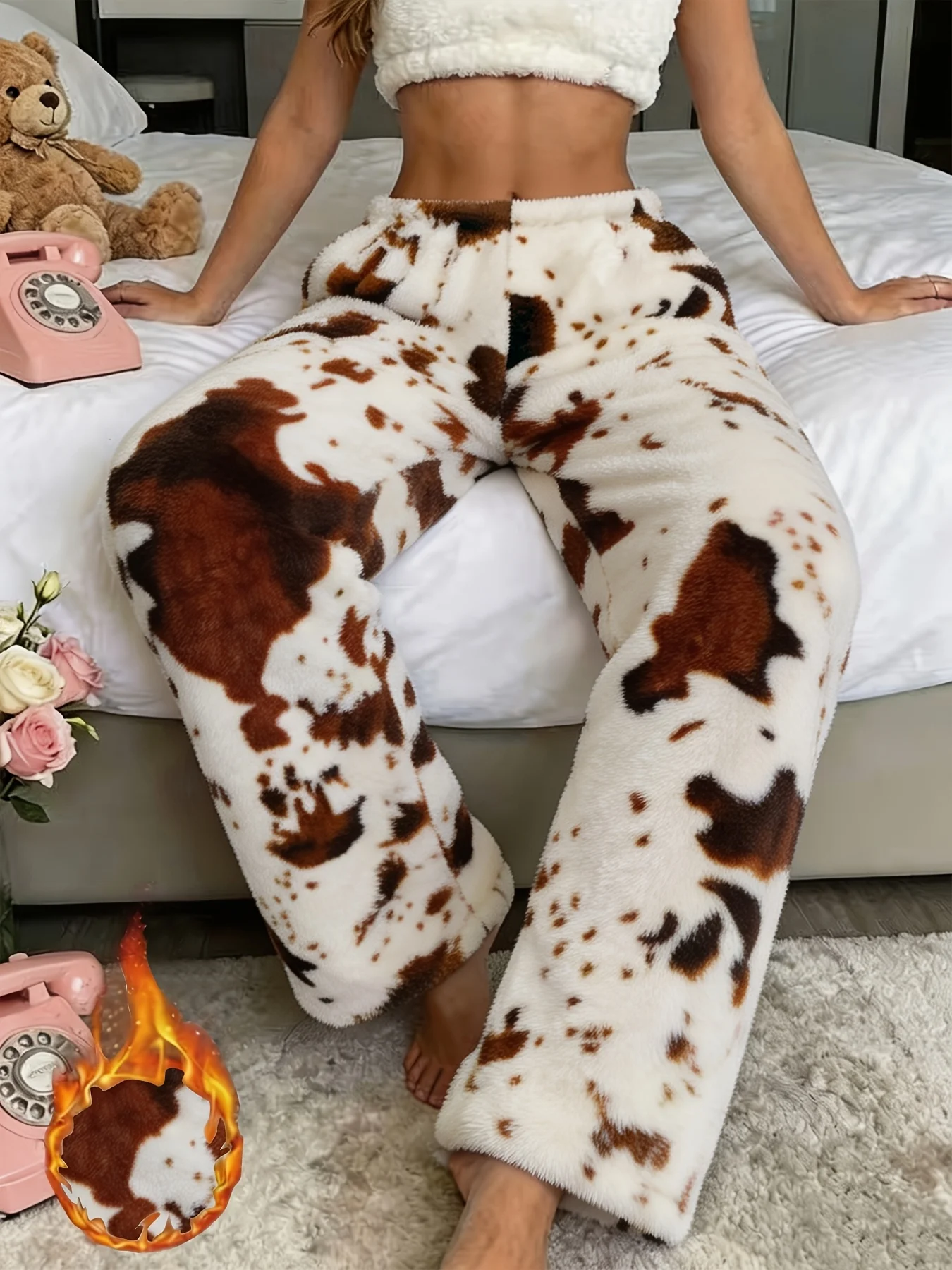 Women's Cute Irregular Patterned Printed Casual Plush Pants, Suitable for Women's Daily Wear and Home Outfits