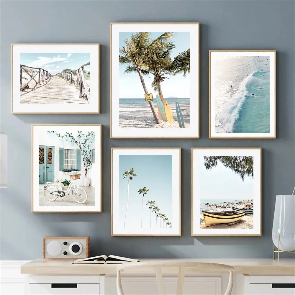 Ocean Waves Beach Art Painting Surfing Poster Coconut Tree Canvas Print Boat Bridge Posters Nordic Wall Pictures Home Decoration