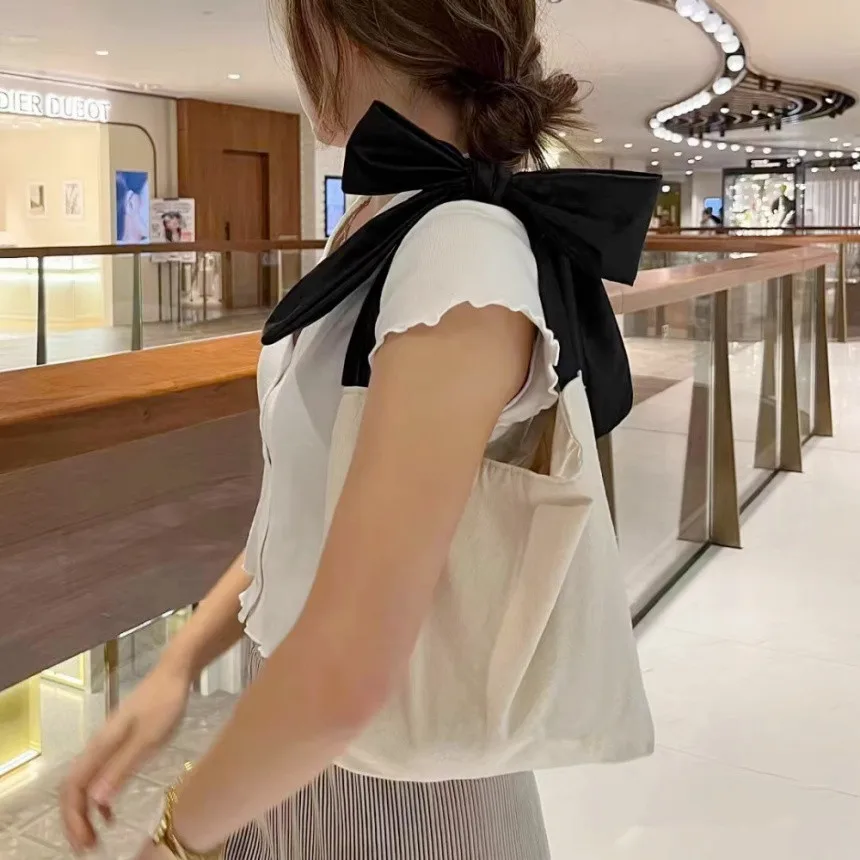 Korean Bow Knot Handbag Casual Travel Storage Pouch Large Capacity Y2k Fashions Canvas Shopping Shoulder Bag Sweet Handbag