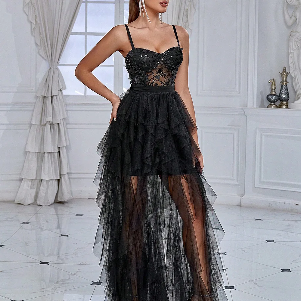 Women Sexy Mesh Cocktail Party Dress Luxurious Spaghetti Strap V Neck Corset Sequins Gala Guest Evening Dress Long Ruffle Dress
