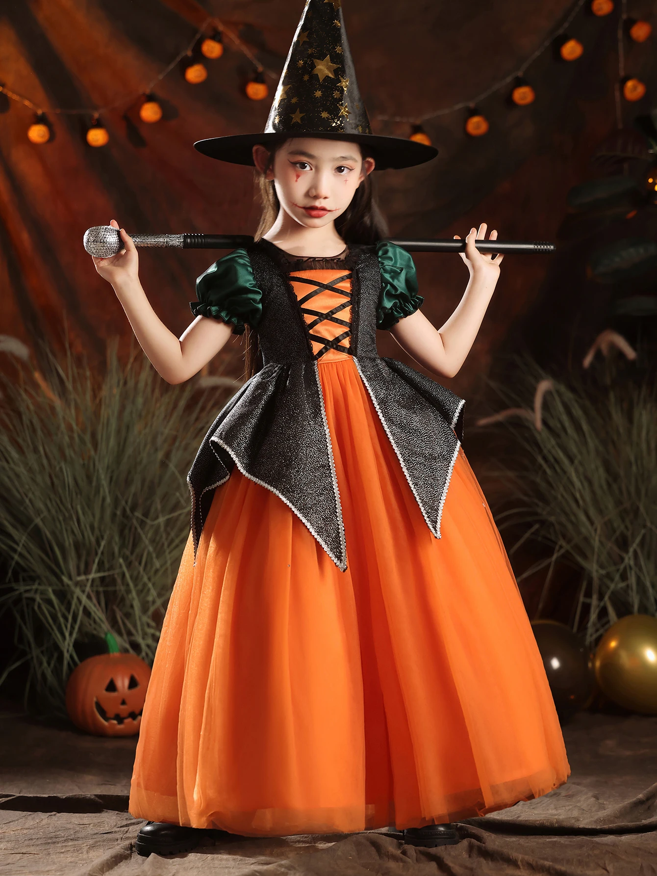 Halloween Child Black Vampire Costume Carnival Party Girls Orange Pumpkin Witch Dress Clothing