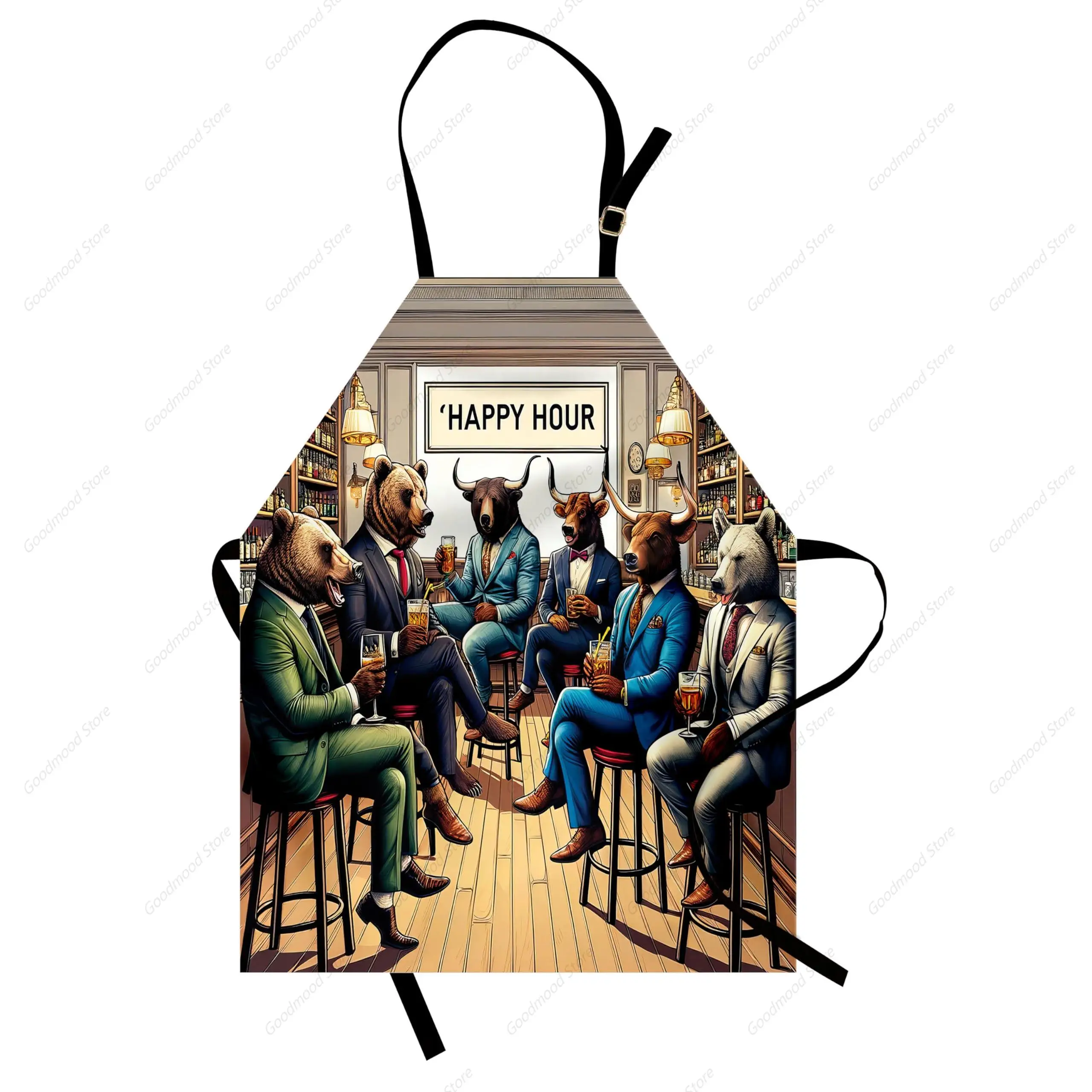 Humorous Apron, Happy Hour Bulls and Bears, Unisex Kitchen Bib with Adjustable Neck for Cooking Gardening, Adult Size