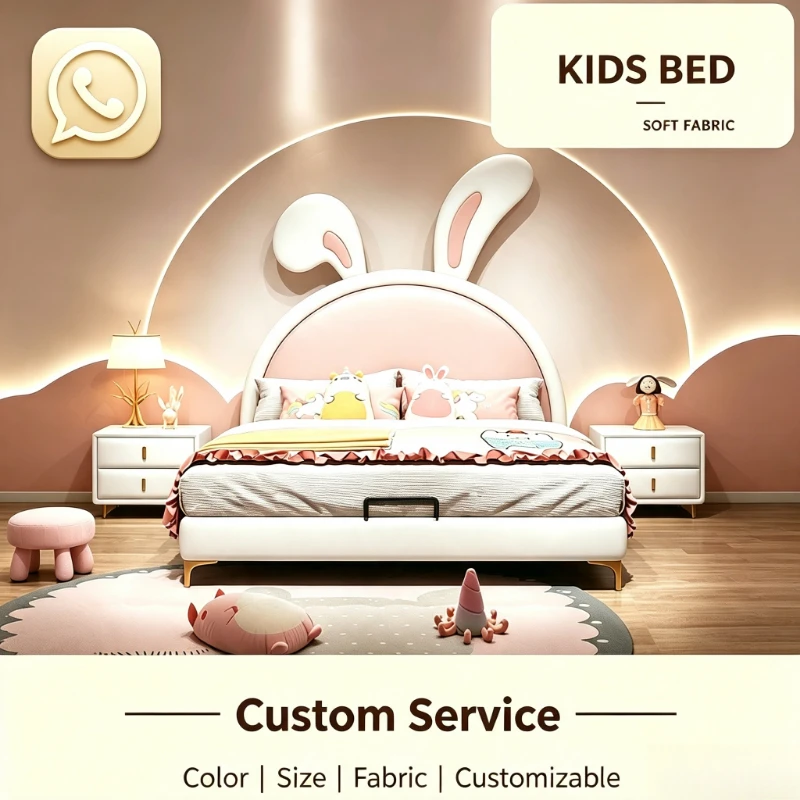 Cute Pink Rabbit Ear Kids Princess Soft Bed Modern Design Girls Bedroom Furniture Set Cartoon Upholstered Children Bed