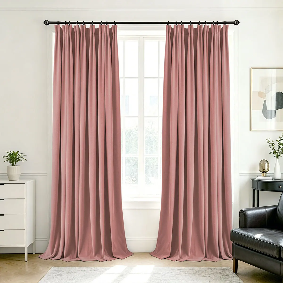Dusty Pink Velvet Blackout Curtains 2‑Pack, Pinch Pleat Hook Top Drapes, Modern Solid Curtain for Bedroom Living Room Home Decor