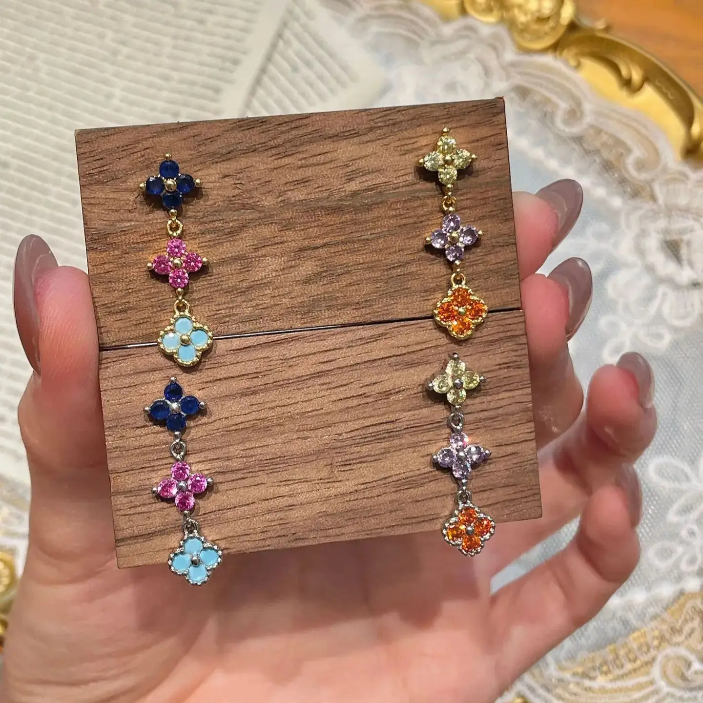 

Vintage Colorful Clover Jewelry Set Earrings Necklace Party Fashion for Women Sparkling Zircon CZ Luxury Design Jewelry Gifts