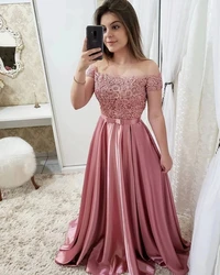 ANGELSBRIDEP Off-Shoulder Long Evening Party Gowns Vestidos De Festa Sexy Applique Beading Satin Formal Prom Dresses Plus Size