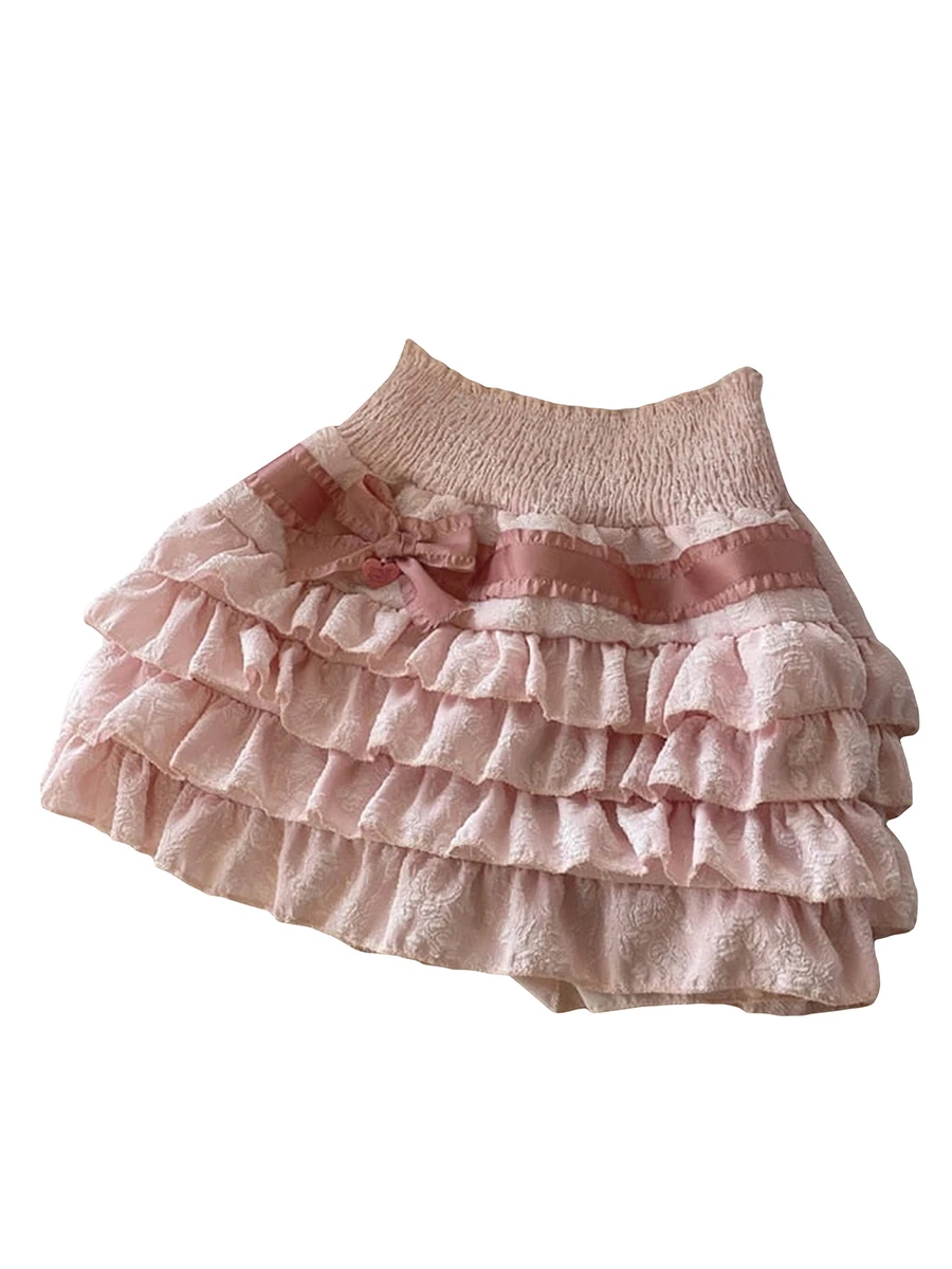 Women s Lolita Mini Skirts Cute High Waist Side Bow Layered Ruffle Hem A-Line Skirts Short Skirts