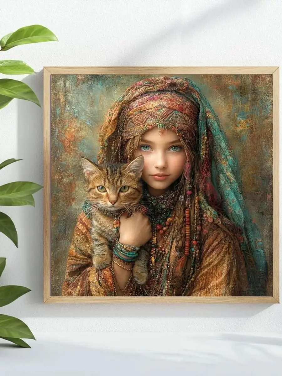 1 Stück 40x40 cm/15,74 Zoll Kreuzstich-Set mit Motiv „Eine Frau mit einer Katze“ DIY-Set 11CT/14CT Hängendes Gemälde als Geschenkzubehör – Detail 1