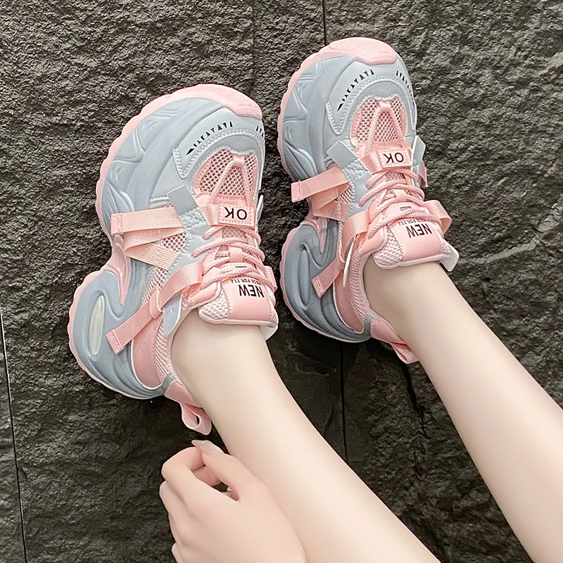New Fashion Summer Women\'s Platform Sneakers Thick Bottom Breathable Mesh Casual Shoes 7.5CM High Heel Sports Dad Shoes Woman
