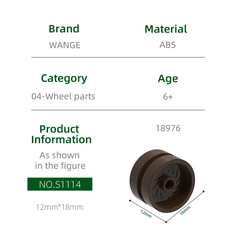 Wange 78Pcs/lot 18976 Wheel 18mmx12mmwith Axle Holeand Stud Block Moc Color Accessories Compatible with Brick DIY Children Toy