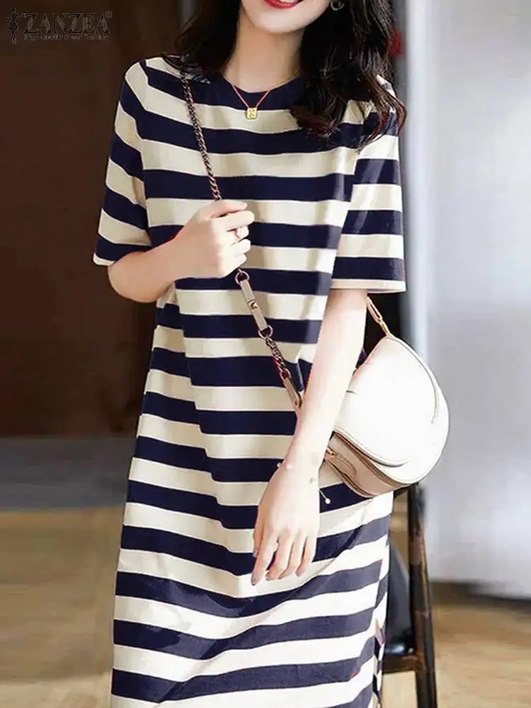 ZANZEA Korean Fashion Striped T-shirt Dress Women Summer 2024 Casual Loose Knee-length Vestidos Elegant O Neck Half Sleeve Robes