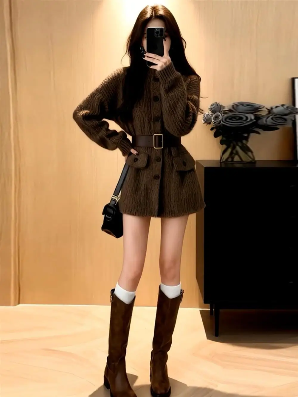 2025 New Lazy Style Women's Dress Thickened Autumn Winter High Waist Slim Fit Knitted A-Line Skirt French Style Long Sleeve