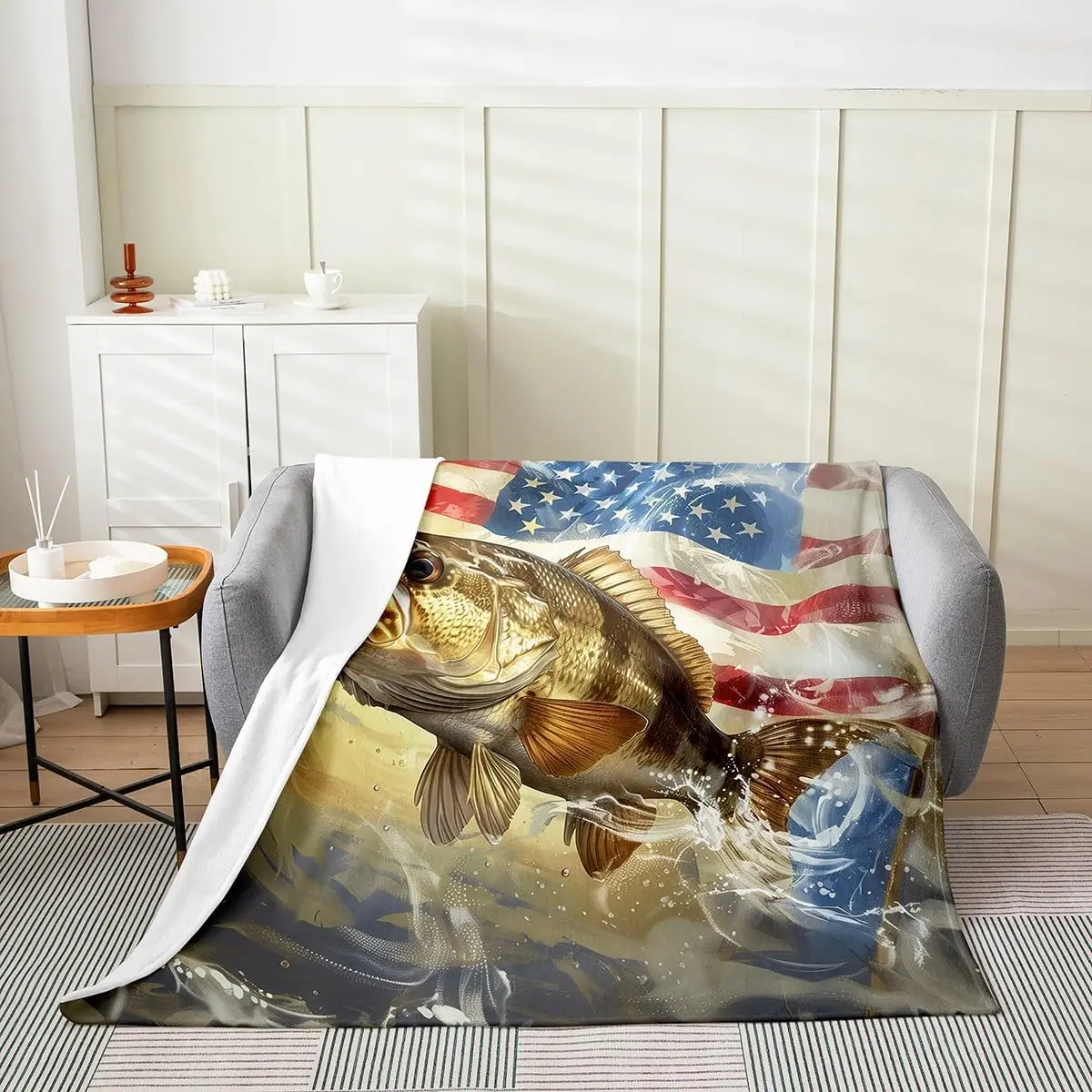 Leaping Big Pike Fish Flannel Fleece Throw Blanket Throw Fuzzy Blanket for Sofa Couch Decor Bass Fish Fishing Hunting