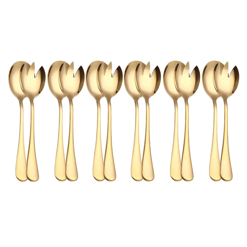 

6 Sets 12 Pcs Gold Salad Spoon Fork 2PCS Salad Spoon golden covered Cutlery Set Serving Spoon Set Colorful Unique Spoons