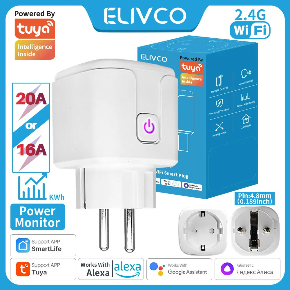 

Умная вилка Tuya 16A/20A, Wi-Fi, розетка европейского стандарта с монитором мощности, функция обратного отсчета, поддержка Alexa Google Home Alice