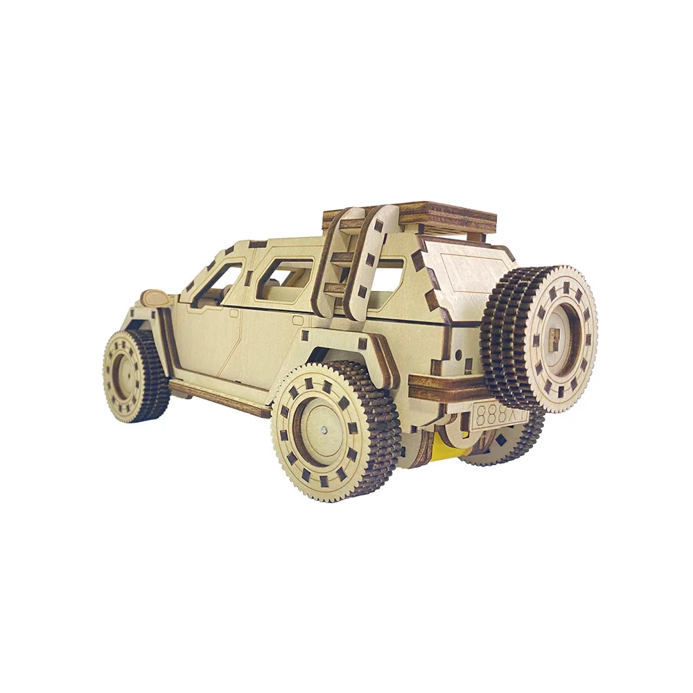 Electric off-road vehicle model, children\'s puzzle wooden assembly toy car, 3D puzzle, handmade DIY gift ornaments