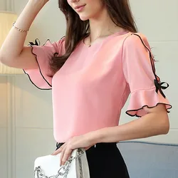 New Fashion Chiffon Women Blouse 2024 Short Sleeve shirts Sweet Women's Clothing Pink O-neck Summer woman Tops Blusas D621 30